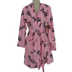 Juicy Couture Womens S/M Pink Black Logo Crown Hooded Knee Length Robe NEW NWT